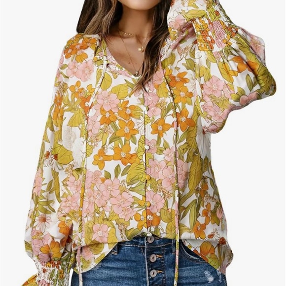 Amazon Tops - Long Sleeve Boho Top V Neck Button Down Shirt Blouses for woman XL